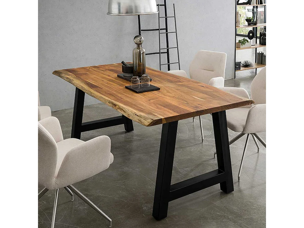 A Gestell Esstisch aus Akazie Massivholz & Metall natürlicher Baumkante