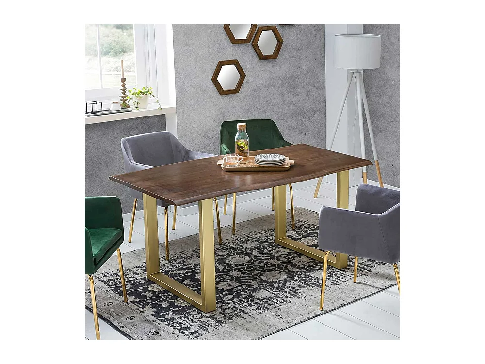 Baumkantentisch in Nussbaumfarben Akazie Massivholz und Metall in Messingfarben