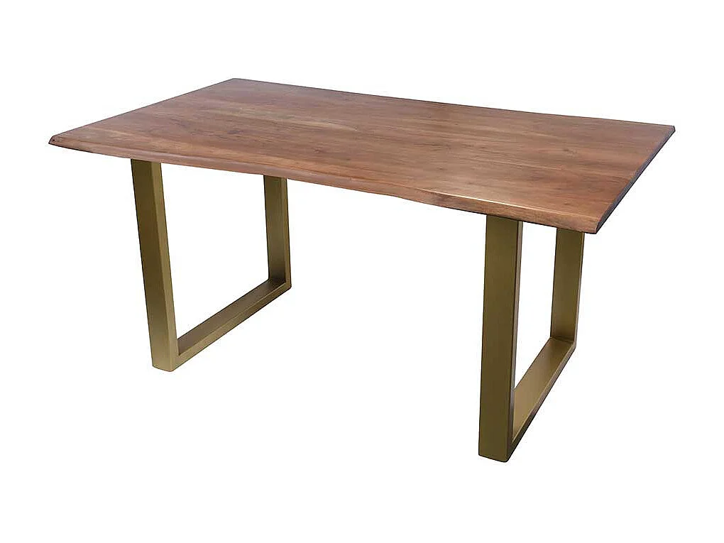 Baumkantentisch in Nussbaumfarben Akazie Massivholz und Metall in Messingfarben