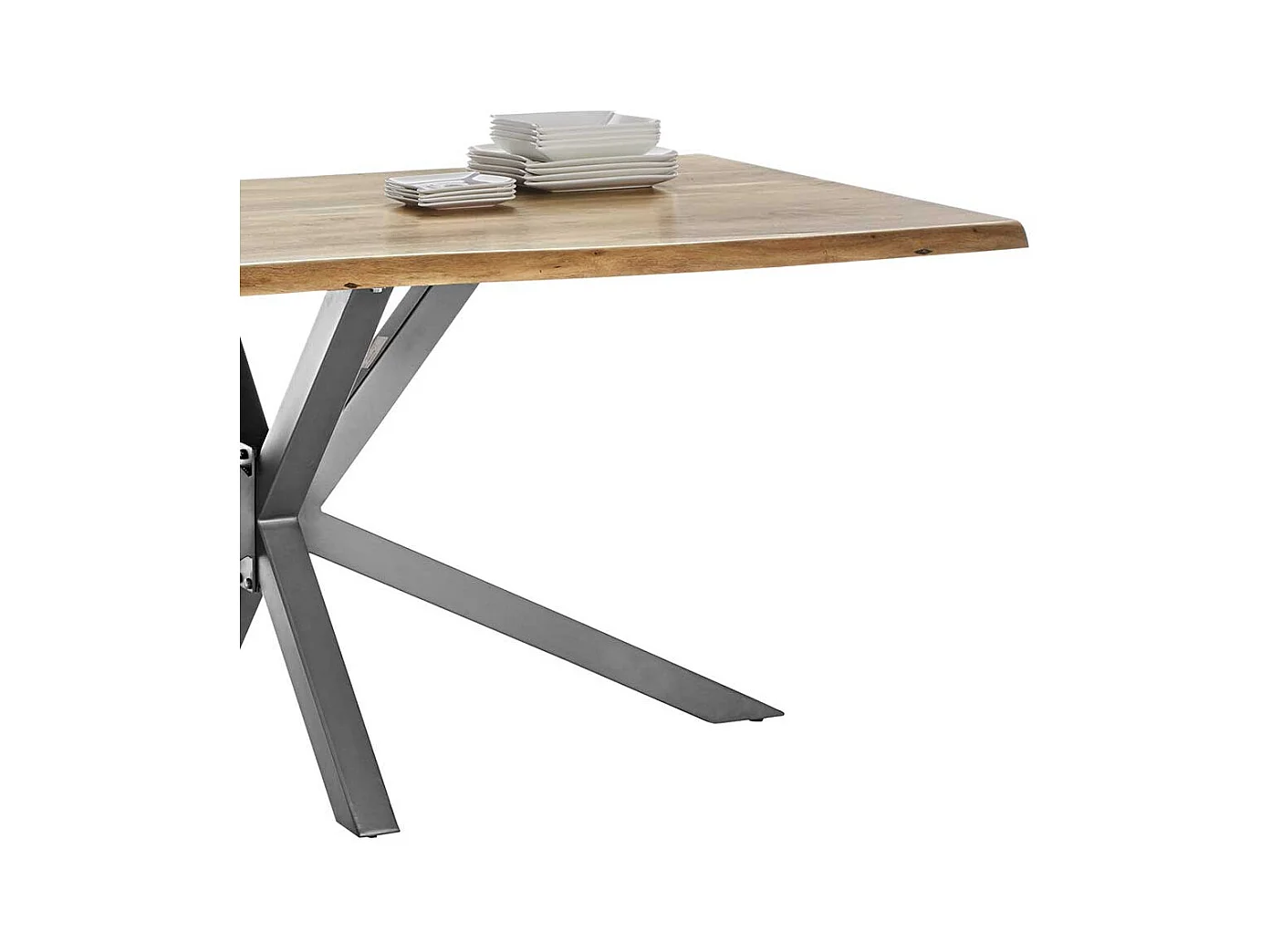 Esszimmertisch mit Akazie Massivholzplatte Spider Gestell in Altsilberfarben