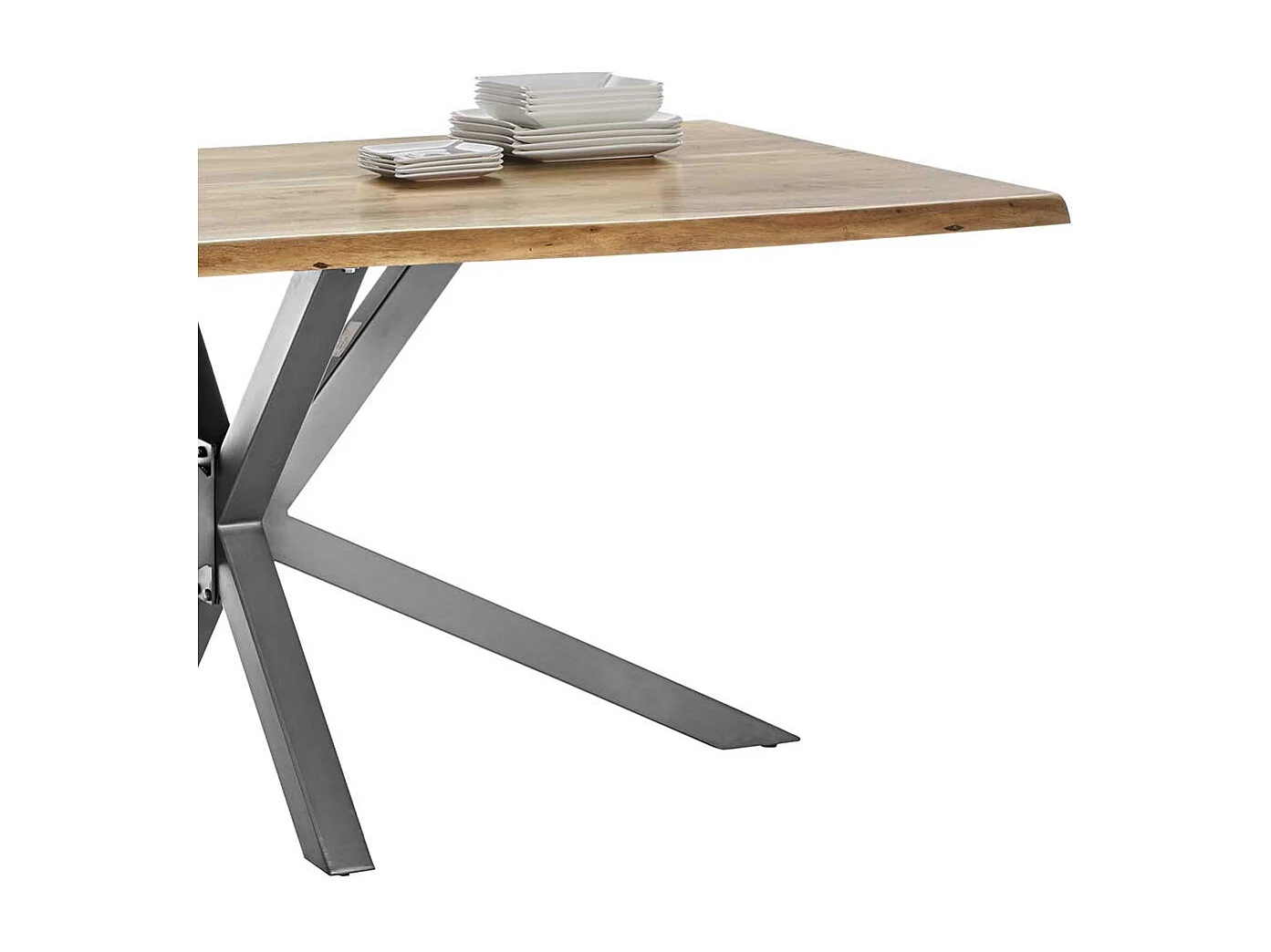 Esszimmertisch mit Akazie Massivholzplatte Spider Gestell in Altsilberfarben