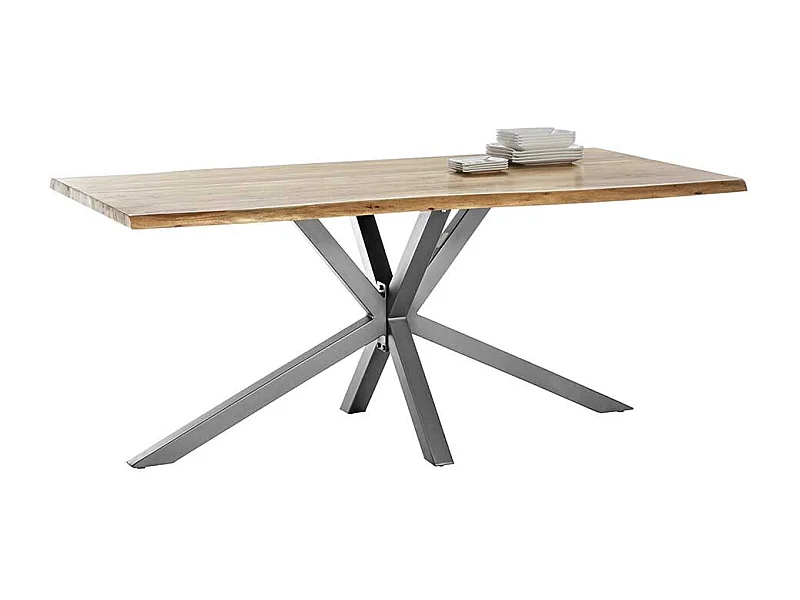 Esszimmertisch mit Akazie Massivholzplatte Spider Gestell in Altsilberfarben