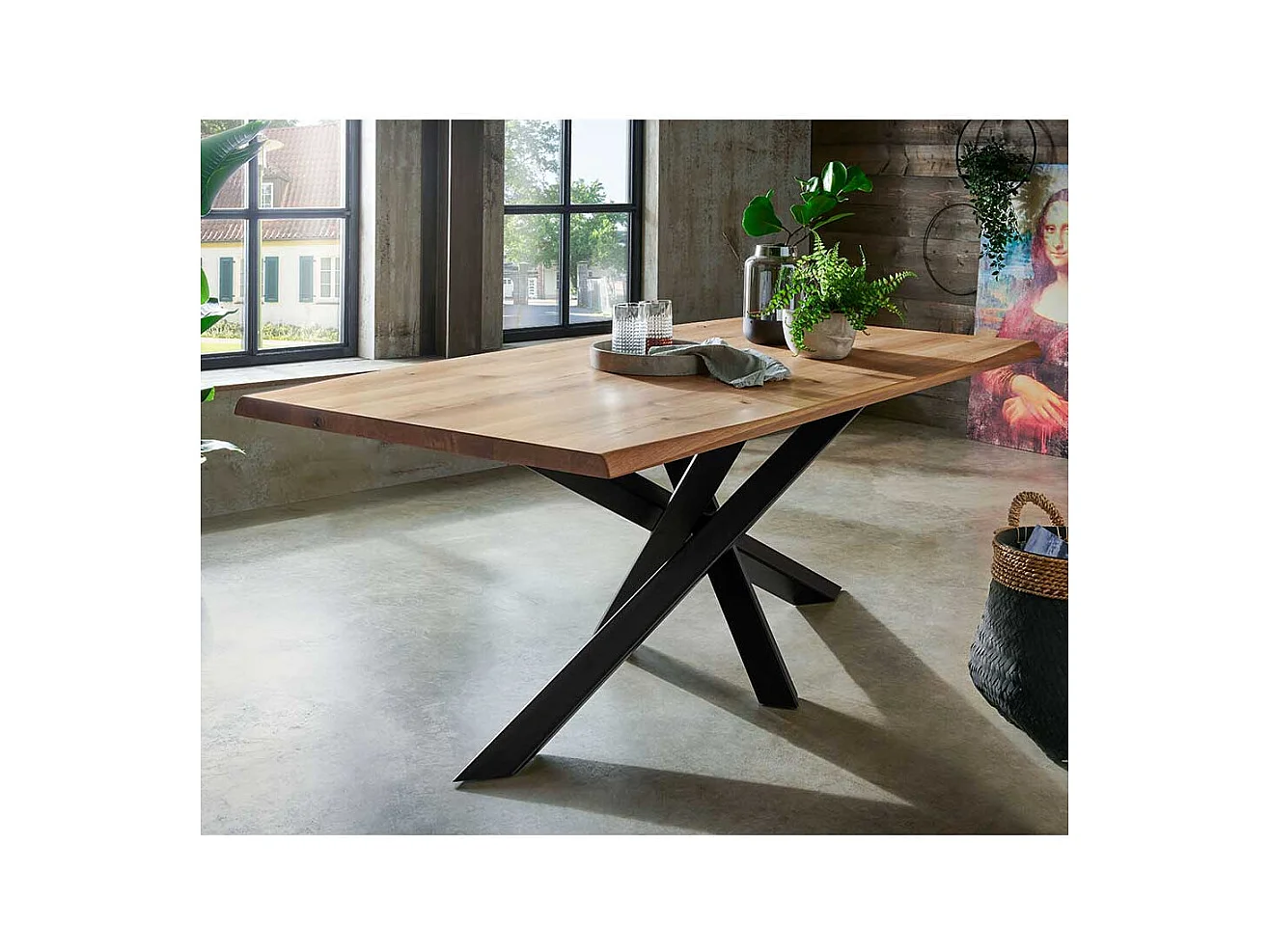 Esstisch aus Wildeiche Massivholz und Stahl Mikado Fußgestell