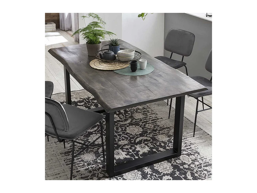 Baumkanten Esszimmertisch aus Mangobaum Massivholz und Stahl Grau