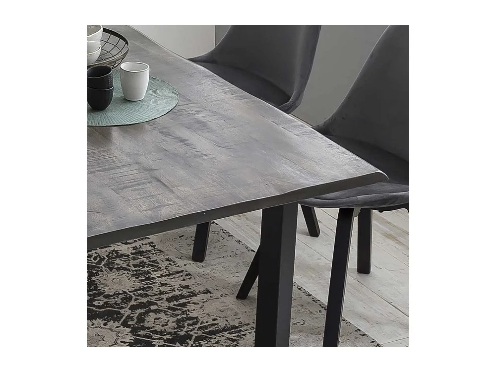 Baumkanten Esszimmertisch aus Mangobaum Massivholz und Stahl Grau