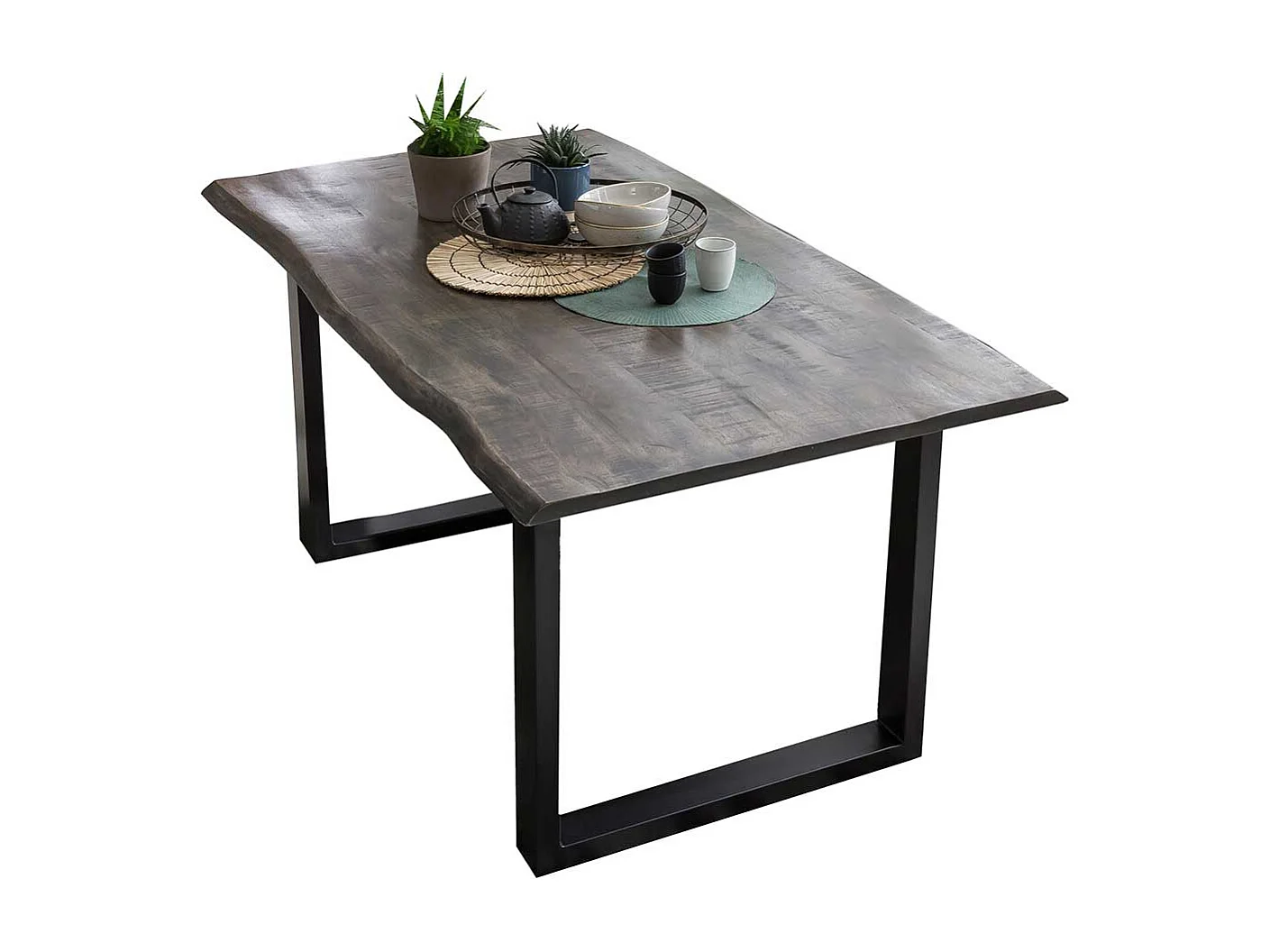 Baumkanten Esszimmertisch aus Mangobaum Massivholz und Stahl Grau