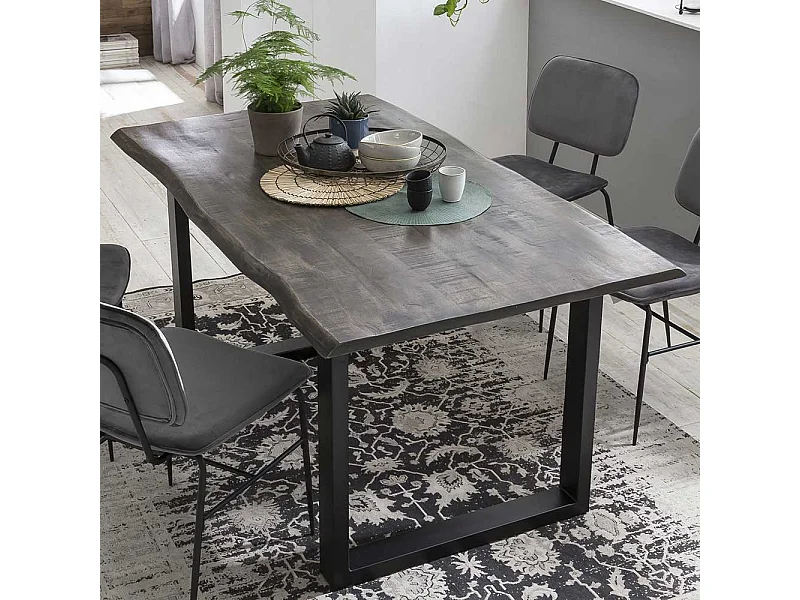 Baumkanten Esszimmertisch aus Mangobaum Massivholz und Stahl Grau