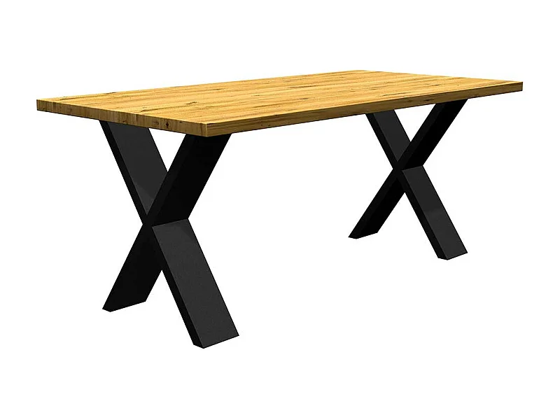 Massiver Tisch aus Eiche und Metall X Gestell in Schwarz