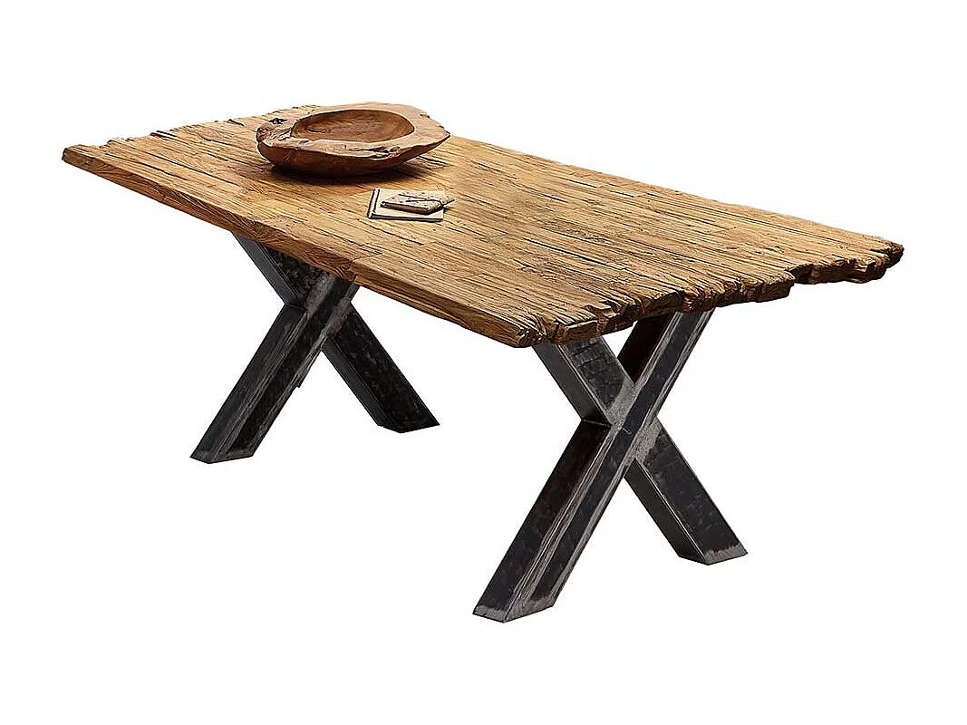 Design Esstisch rustikal aus Recyclingholz Teakfarben und Schwarz