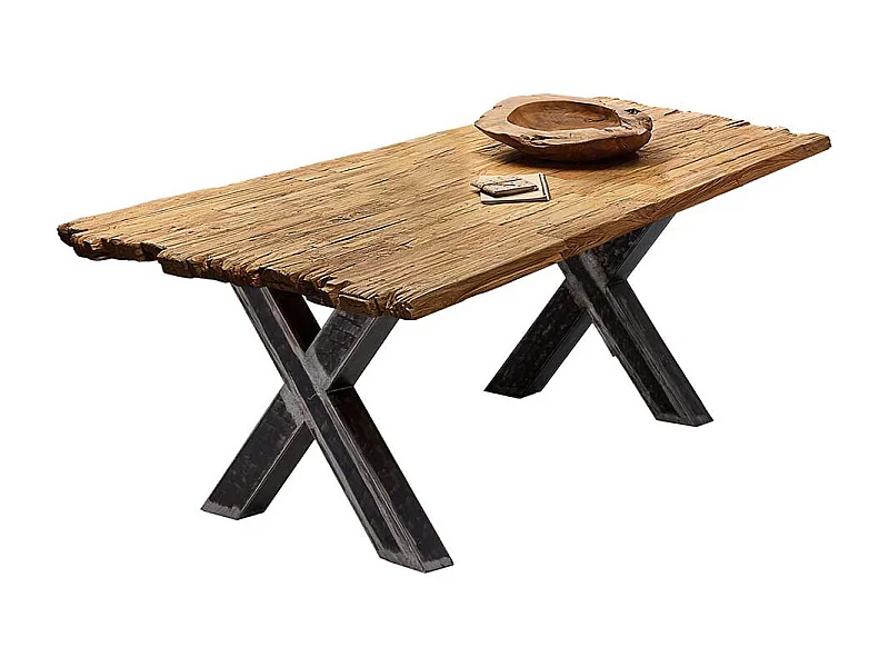 Design Esstisch rustikal aus Recyclingholz Teakfarben und Schwarz