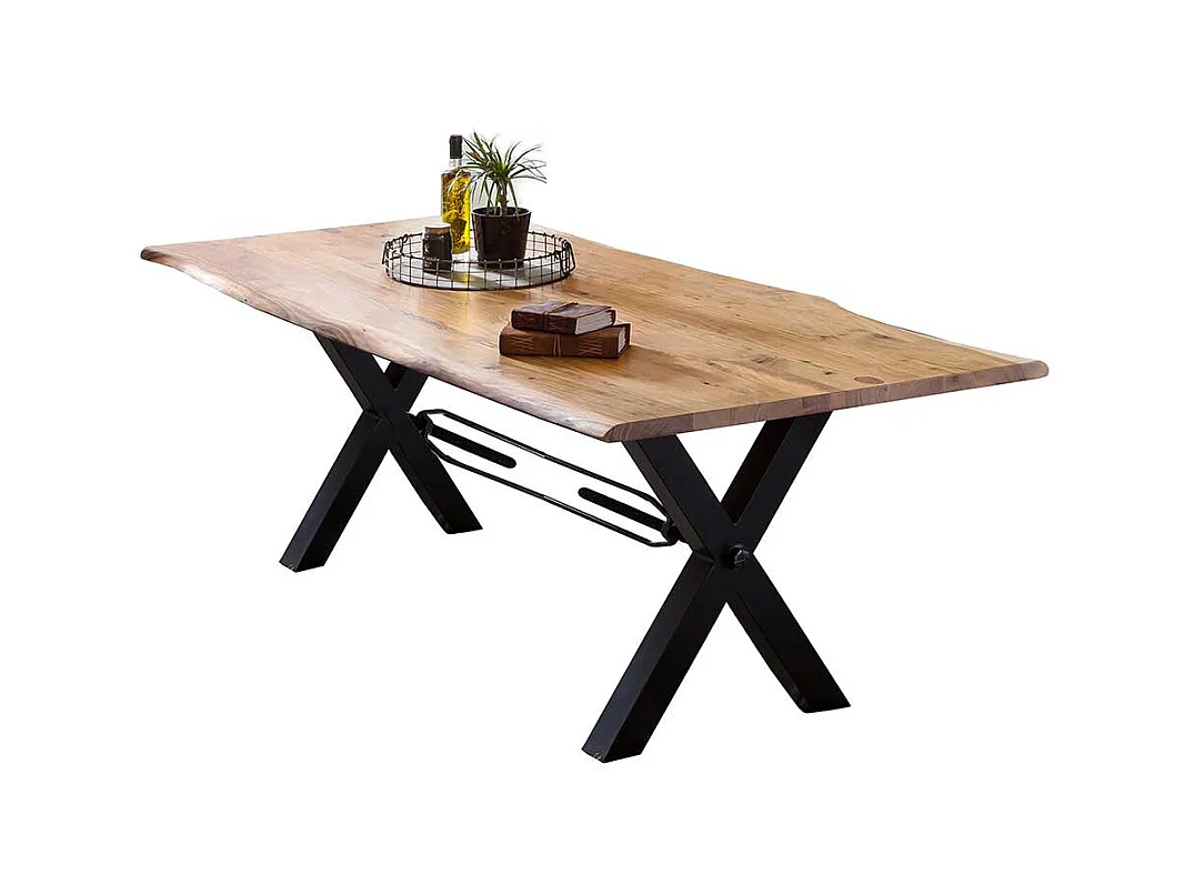Baumkanten Esszimmertisch aus Akazie Massivholz und Metall Schwarz lackiert