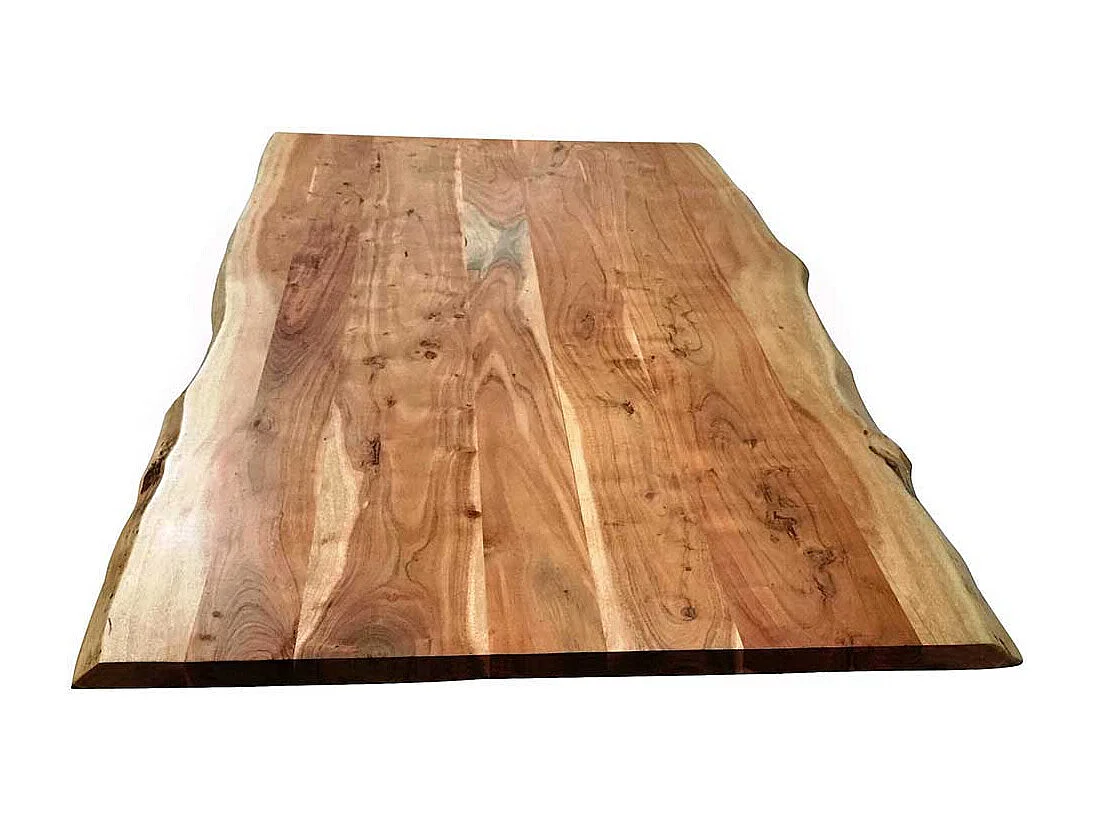 Baumkanten Esszimmertisch aus Akazie Massivholz und Metall Schwarz lackiert