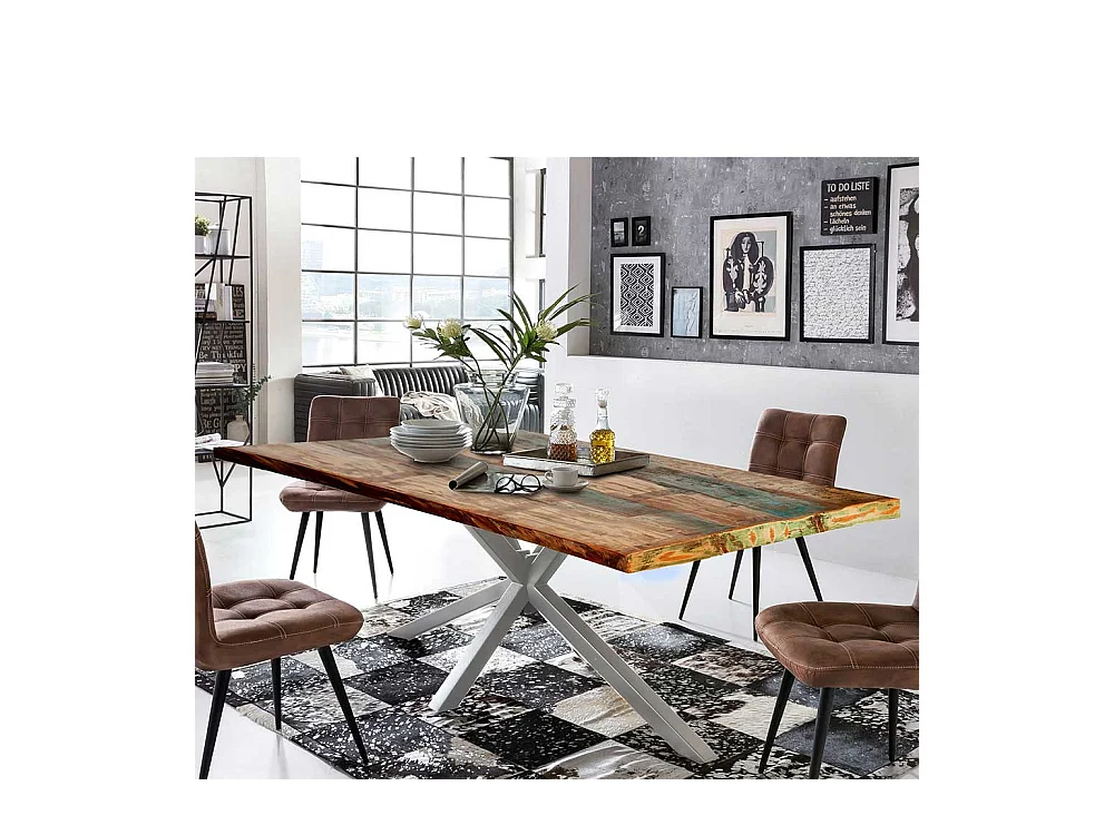 Design Esstisch in Bunt und Altsilberfarben Recyclingholz und Metall