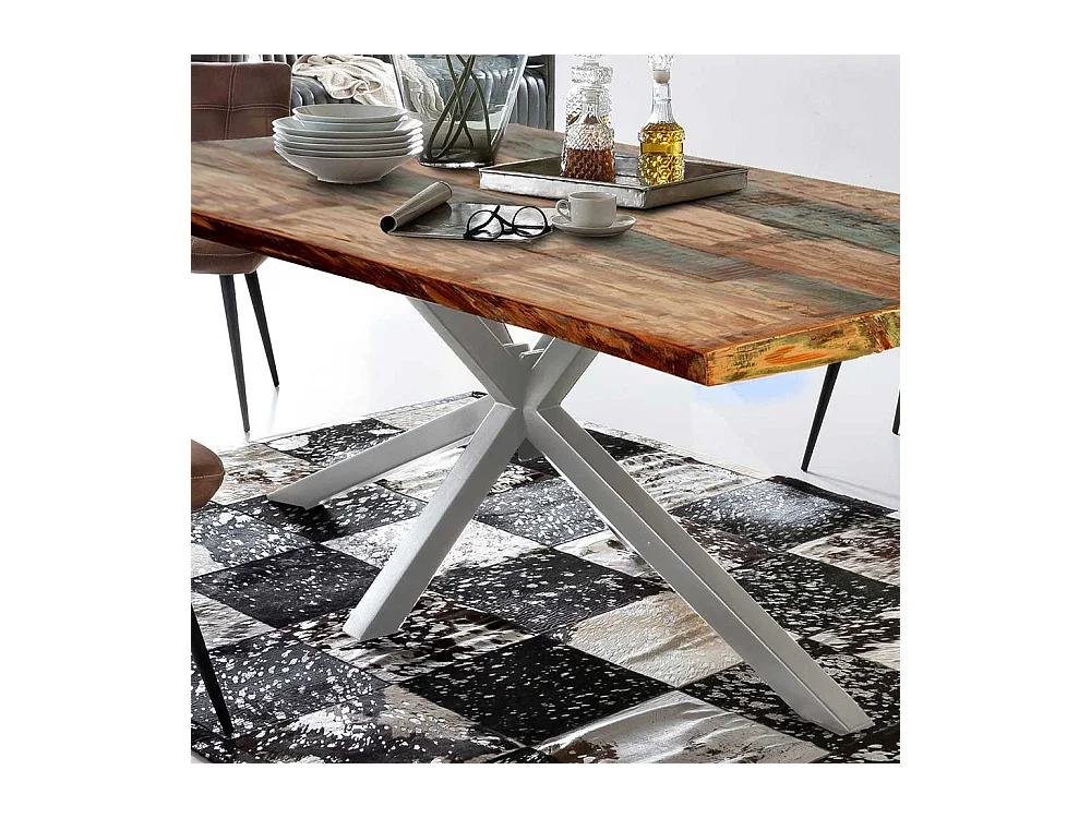 Design Esstisch in Bunt und Altsilberfarben Recyclingholz und Metall