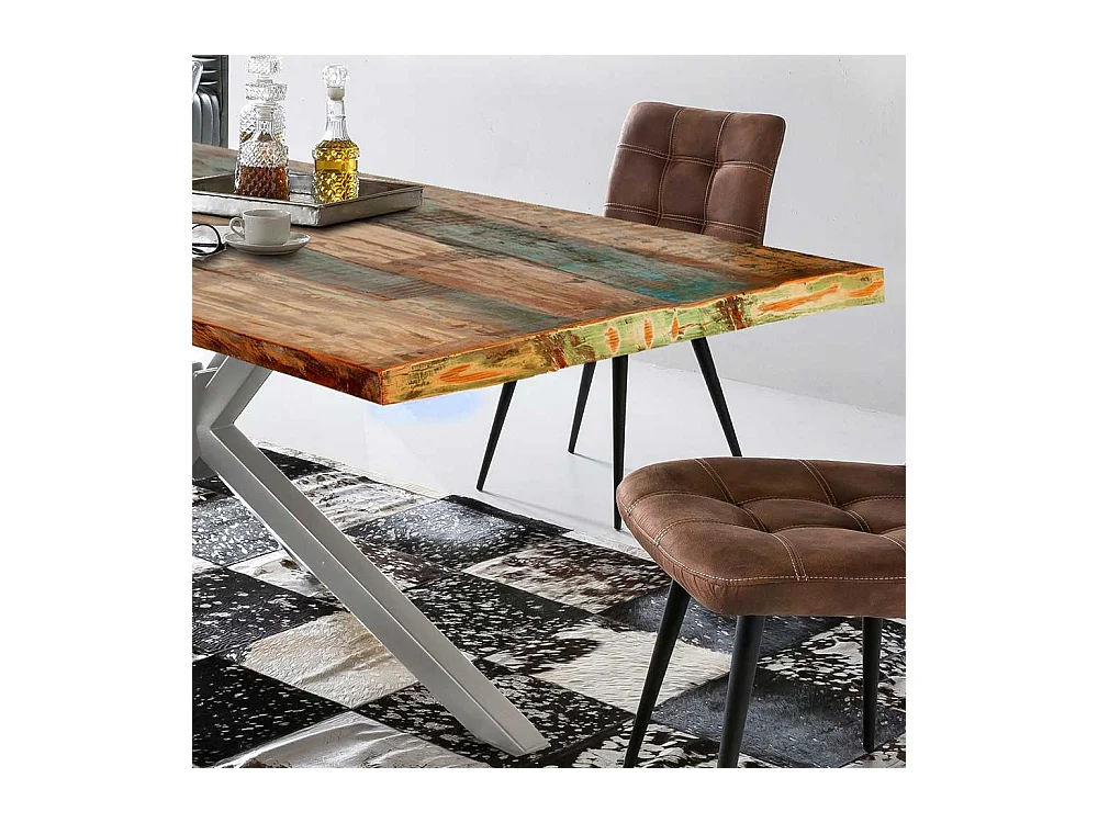 Design Esstisch in Bunt und Altsilberfarben Recyclingholz und Metall