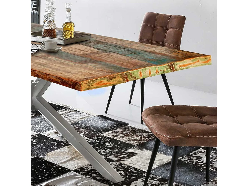 Design Esstisch in Bunt und Altsilberfarben Recyclingholz und Metall