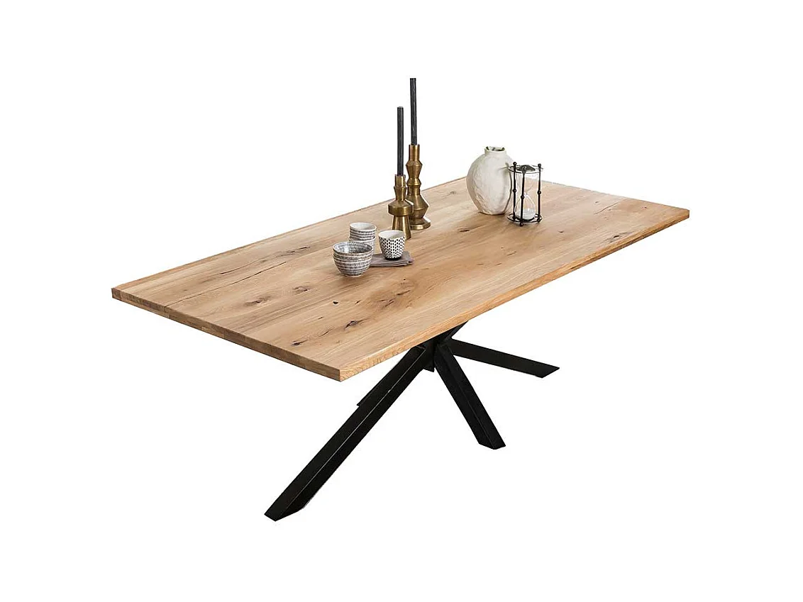 Esszimmertisch aus Wildeiche Massivholz und Eisen Spider Gestell