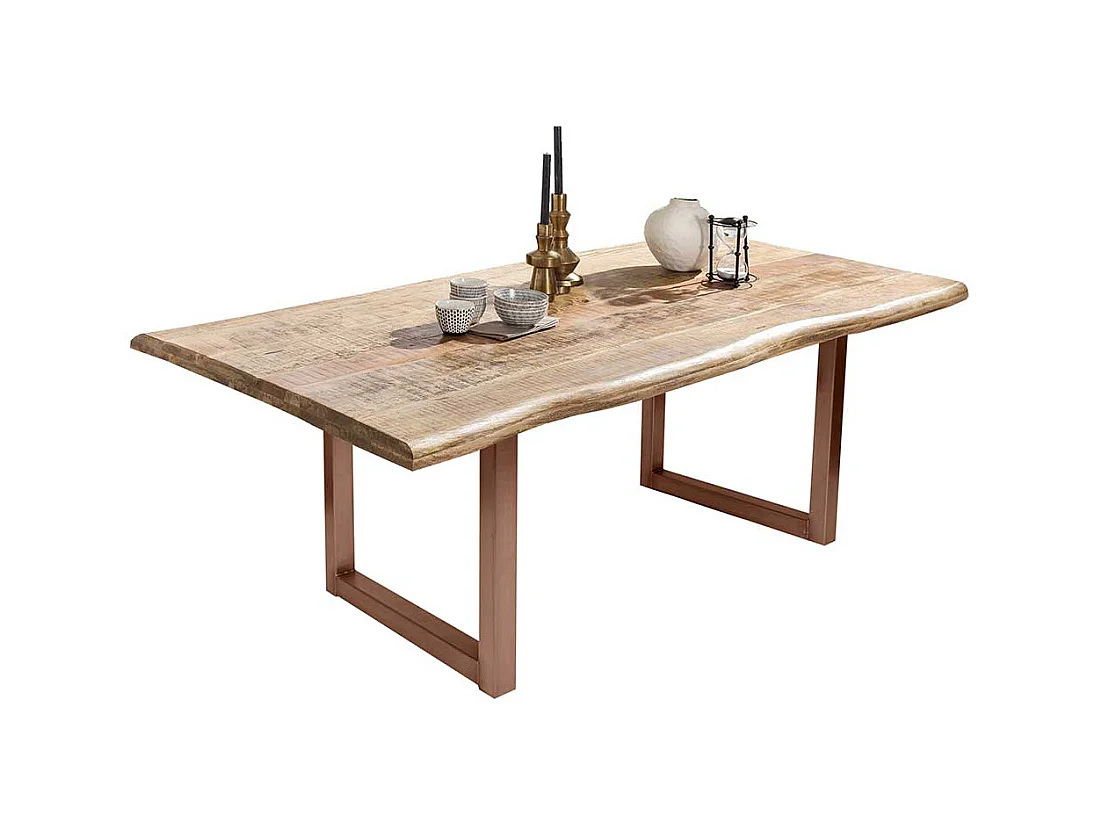 Baumkanten Esstisch aus Mangobaum Massivholz Bügelgestell in Braun