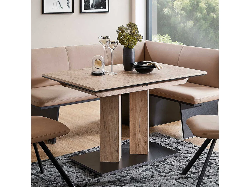 Esszimmertisch in Wildeichefarben & Schwarz Säulengestell