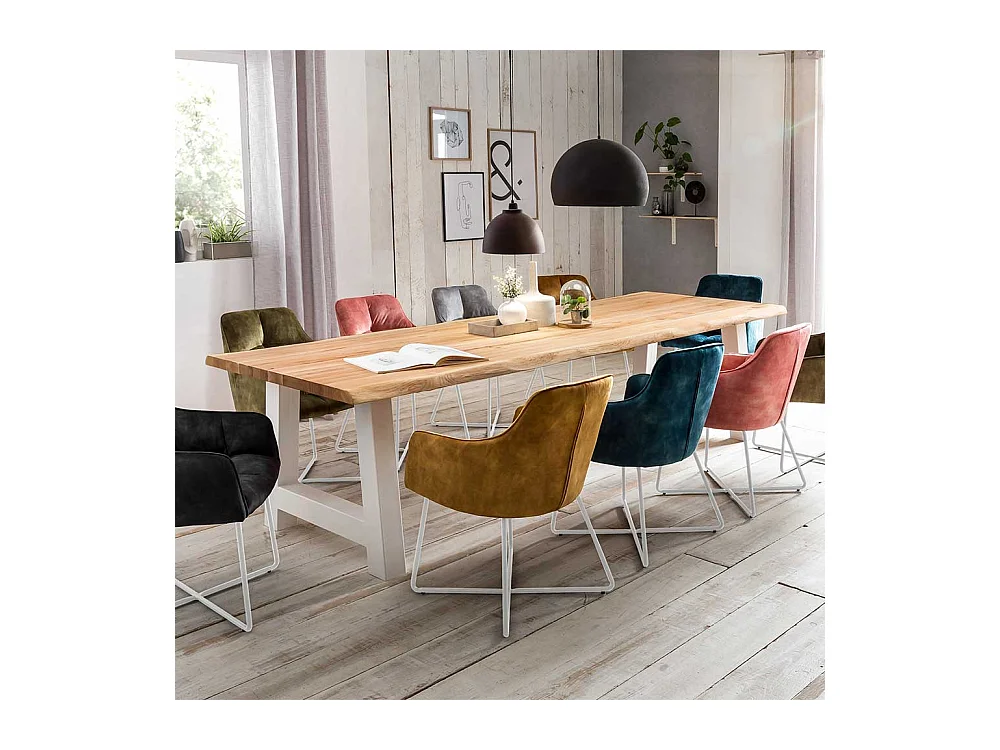 Baumkanten Esstisch aus Eiche Massivholz und Metall A-Fußgestell