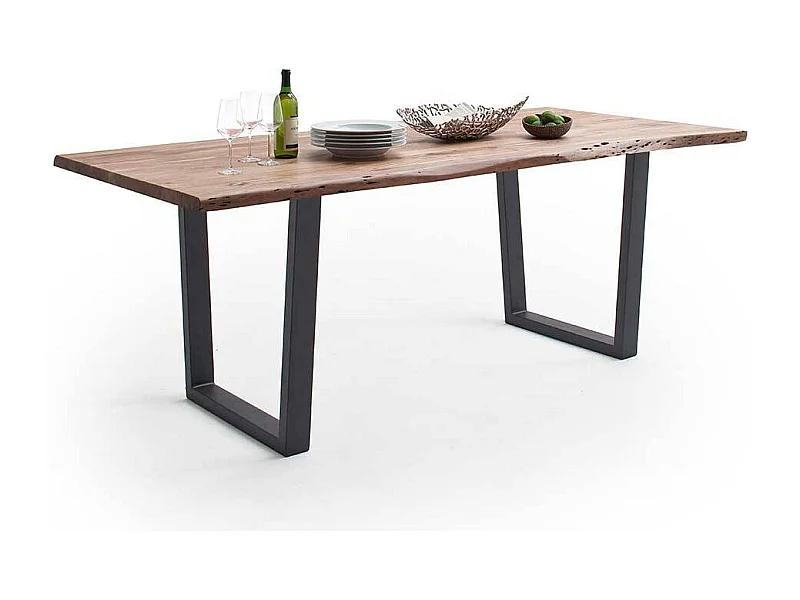 Esstisch Holztisch mit natürlicher Baumkante und Bügelgestell