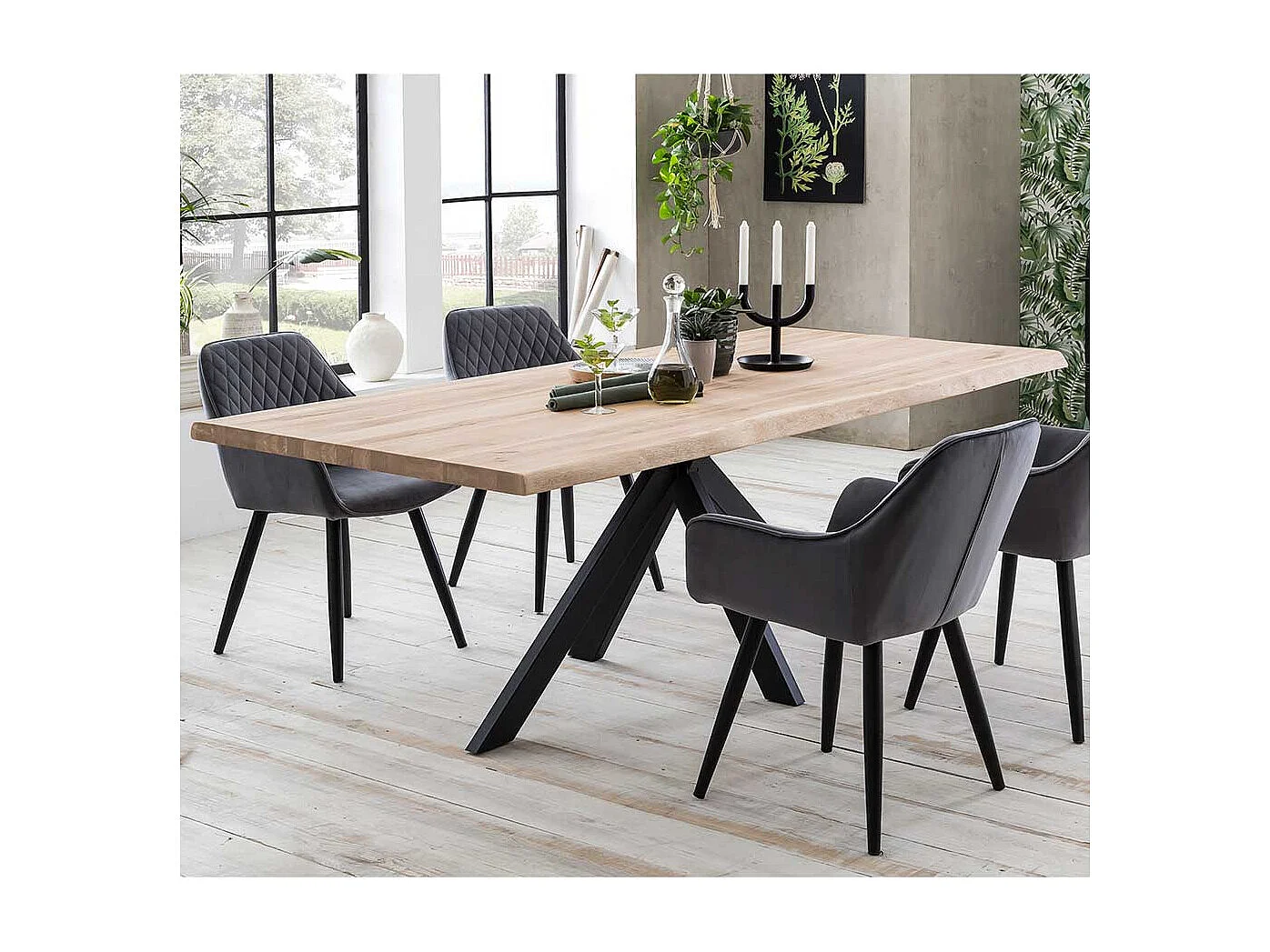 Baumkanten Esstisch aus Eiche White Wash massiv Spider Gestell aus Metall