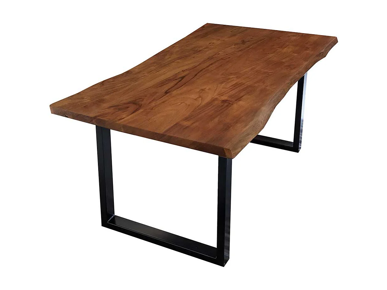 Baumkantentisch in Nussbaumfarben lackiert und gewachst Akazie Massivholz und Stahl