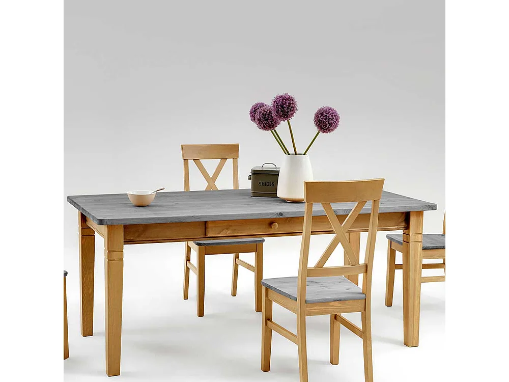 Esszimmertisch in Grau Kiefer teilmassiv zwei Schubladen