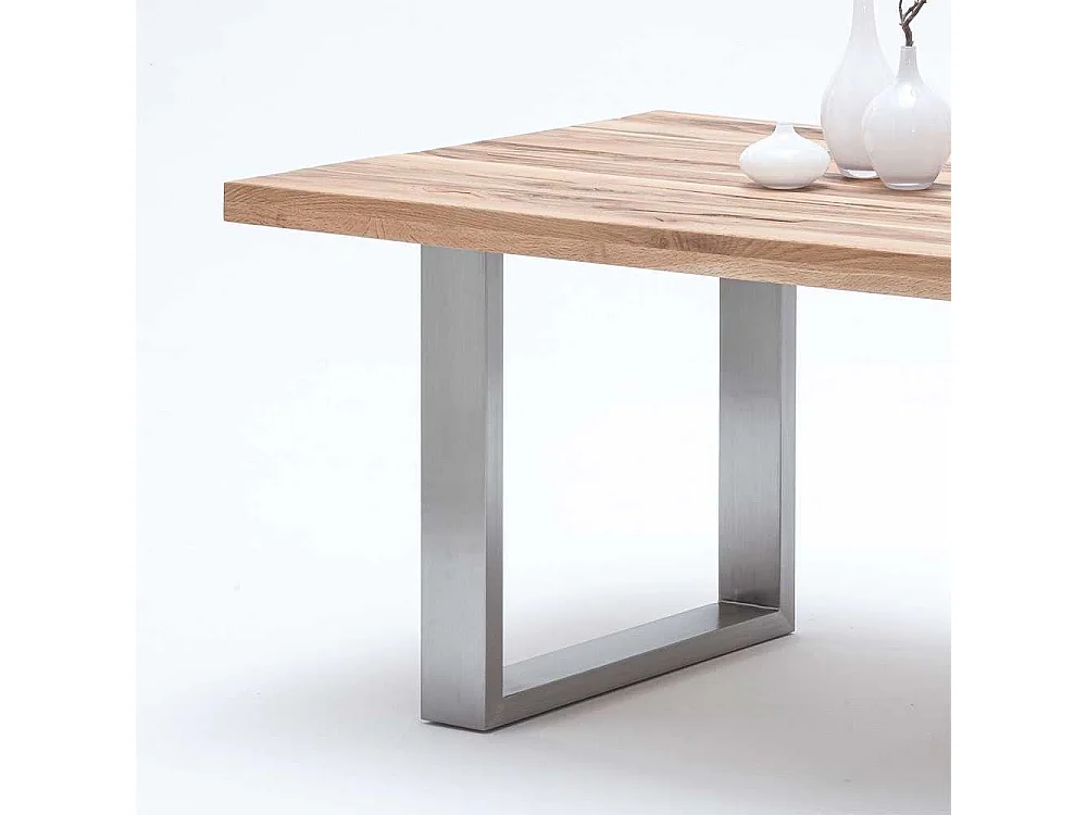 Massivholztisch in Wildeichefarben Edelstahlgestell