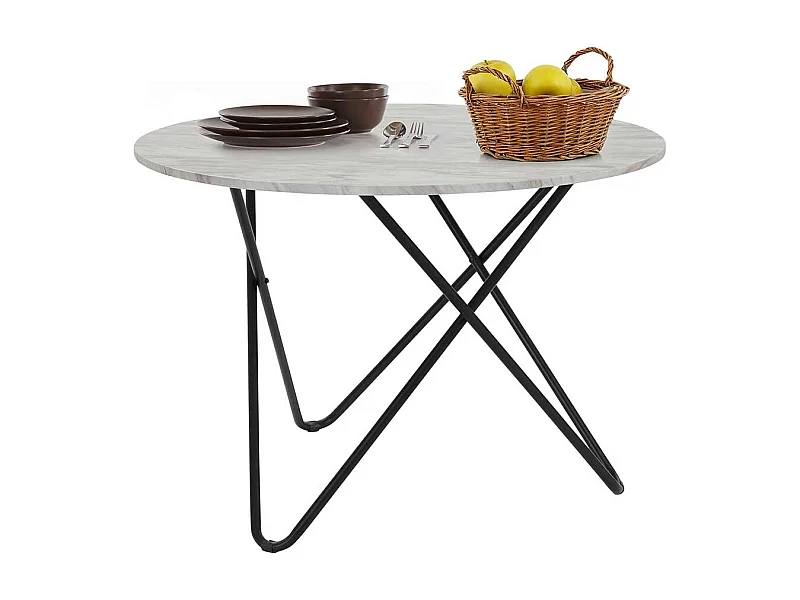 Runder Küchen Tisch in Marmor Optik weiß-grau Metall Dreifußgestell