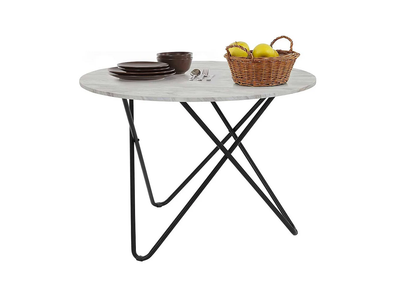 Runder Küchen Tisch in Marmor Optik weiß-grau Metall Dreifußgestell