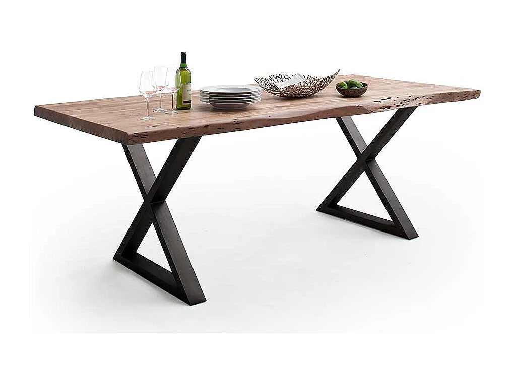 Esstisch Baumkantentisch mit X Gestell aus Metall