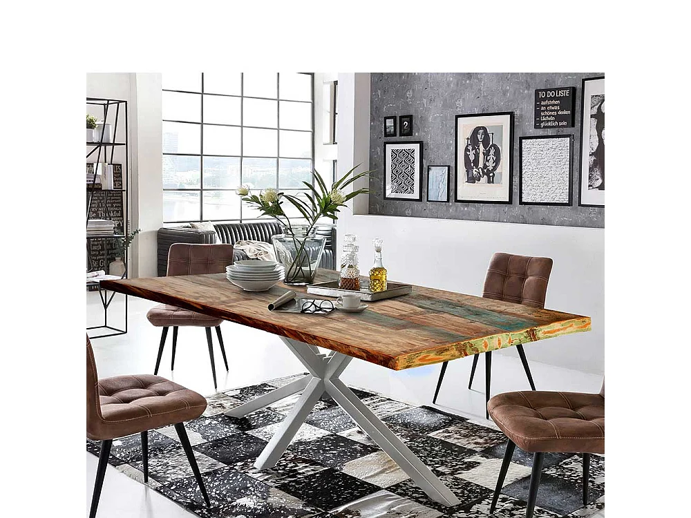 Design Esstisch in Bunt und Altsilberfarben Recyclingholz und Metall