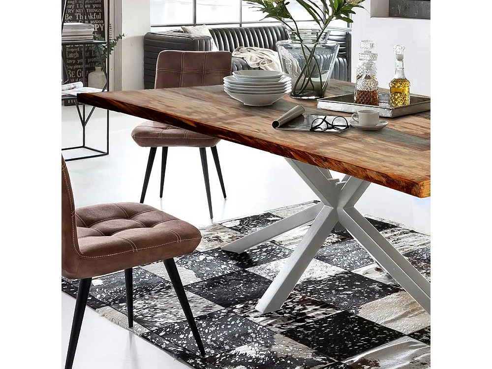 Design Esstisch in Bunt und Altsilberfarben Recyclingholz und Metall