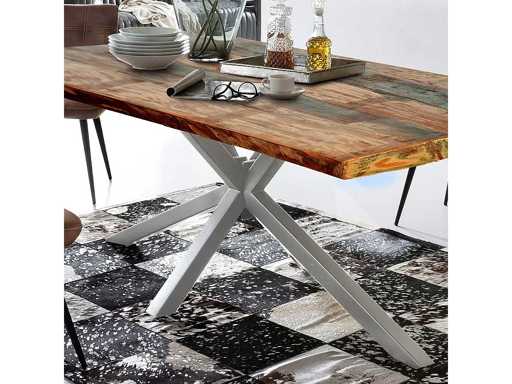 Design Esstisch in Bunt und Altsilberfarben Recyclingholz und Metall