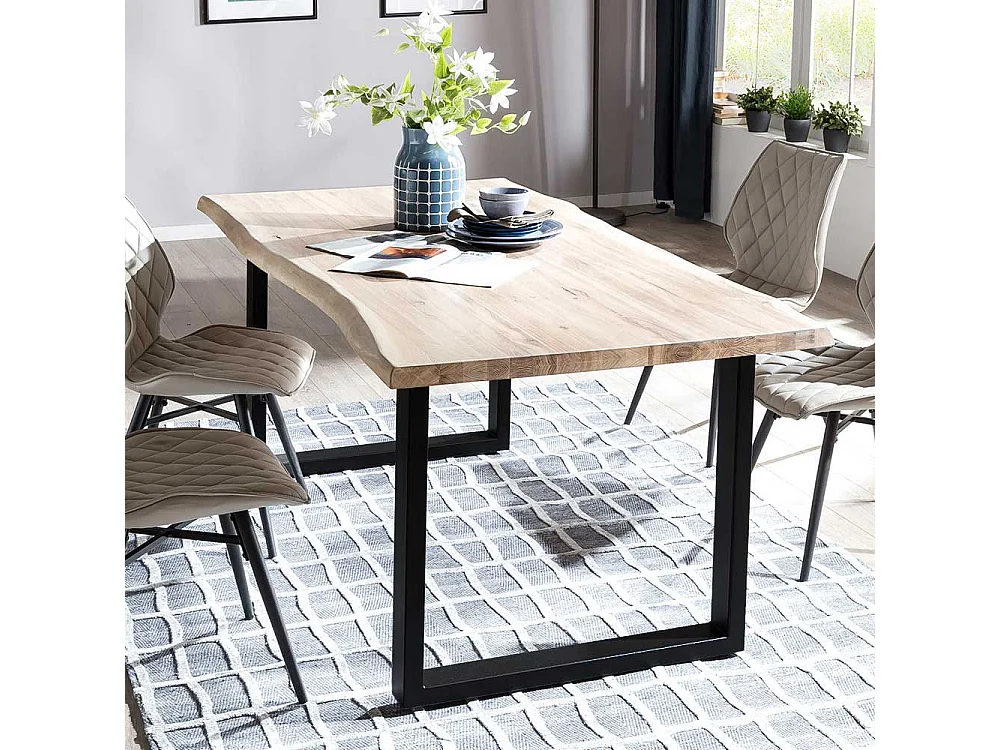 Baumkantentisch aus Eiche massiv White Wash geölt Metall Bügelgestell