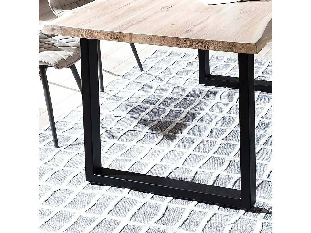 Baumkantentisch aus Eiche massiv White Wash geölt Metall Bügelgestell