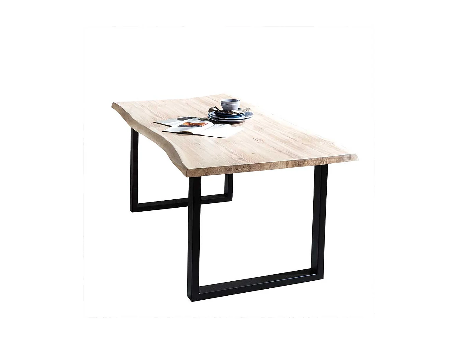 Baumkantentisch aus Eiche massiv White Wash geölt Metall Bügelgestell