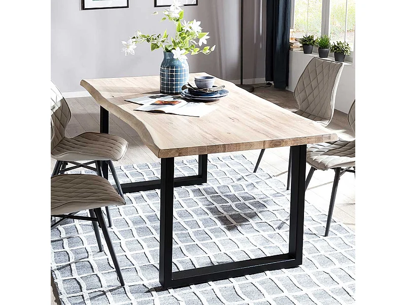 Baumkantentisch aus Eiche massiv White Wash geölt Metall Bügelgestell