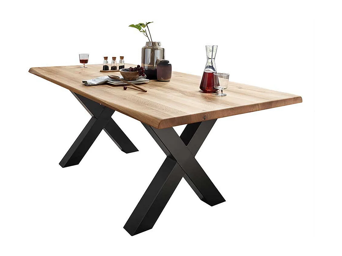 Esszimmer Tisch aus Wildeiche Massivholz und Stahl X-Fußgestell