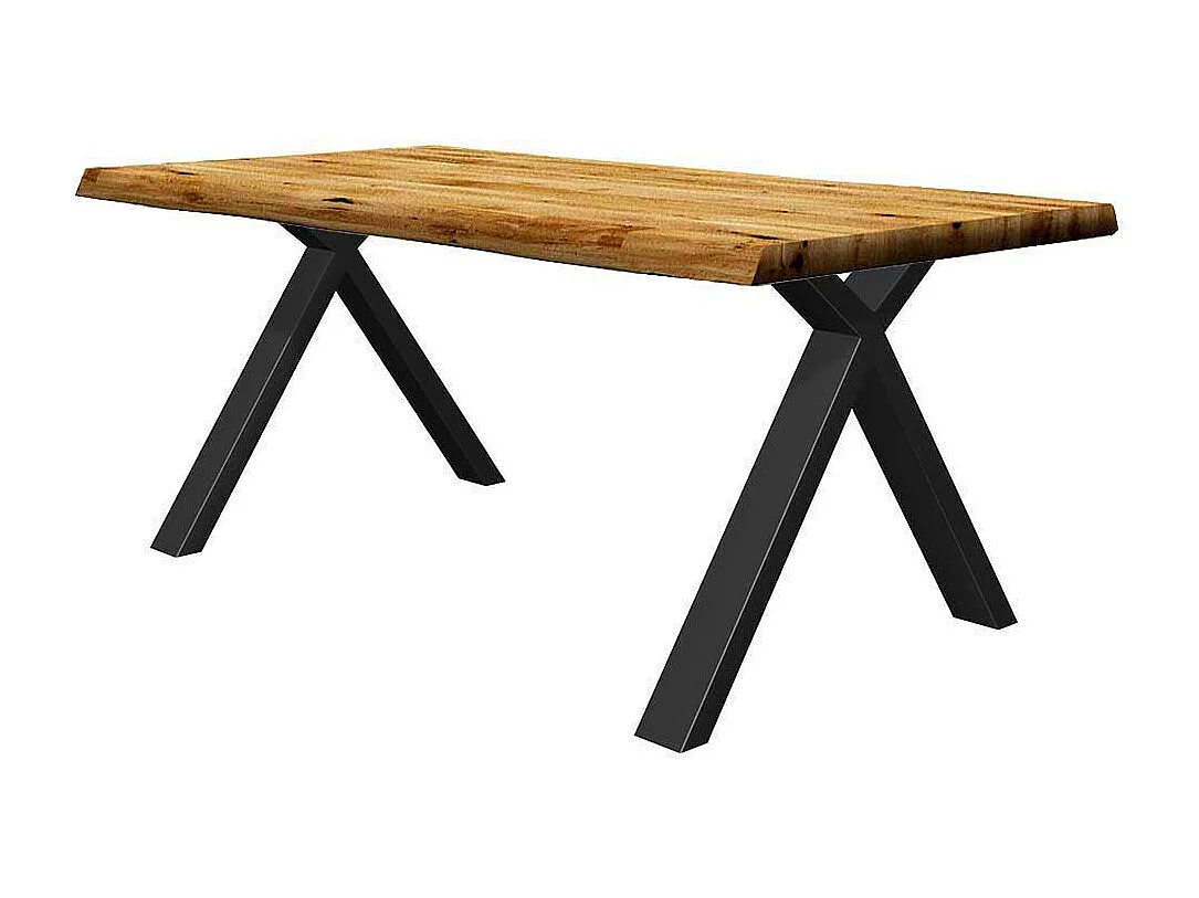 Tisch mit Baumkanten aus Eiche Massivholz und Metall X Gestell