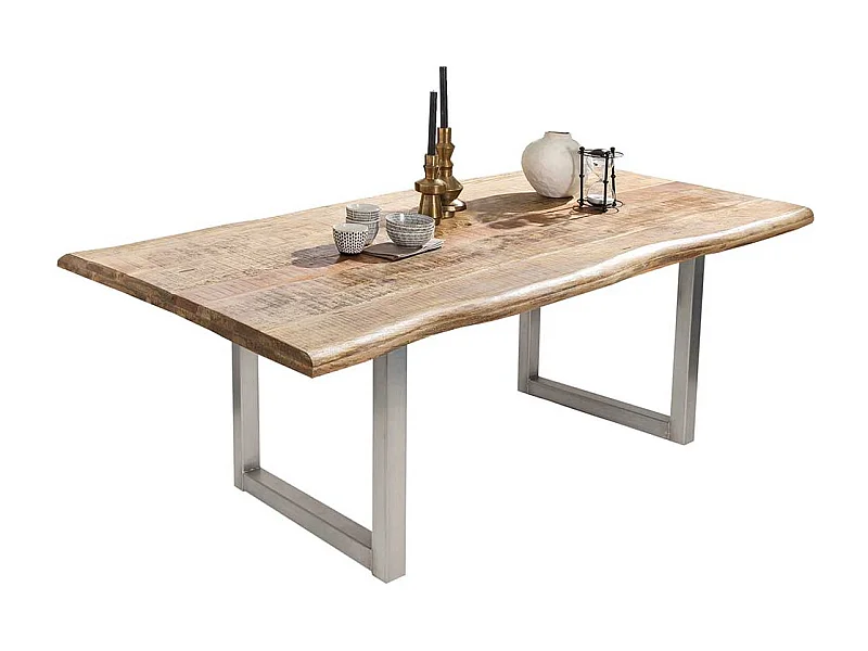 Baumkanten Esszimmertisch aus Mangobaum Massivholz und Stahl mehrere Größen