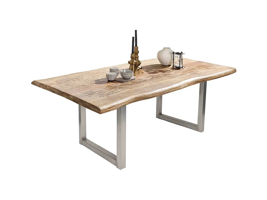 Baumkanten Esszimmertisch aus Mangobaum Massivholz und Stahl mehrere Größen