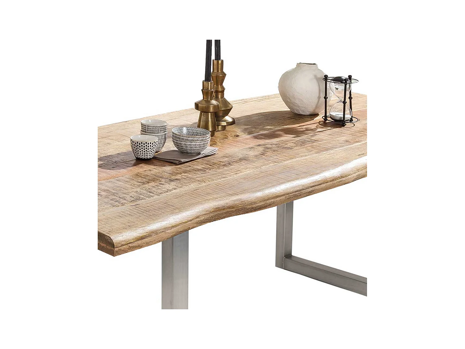 Baumkanten Esszimmertisch aus Mangobaum Massivholz und Stahl mehrere Größen