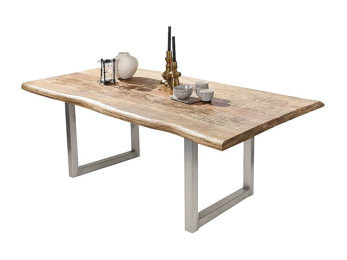 Baumkanten Esszimmertisch aus Mangobaum Massivholz und Stahl mehrere Größen