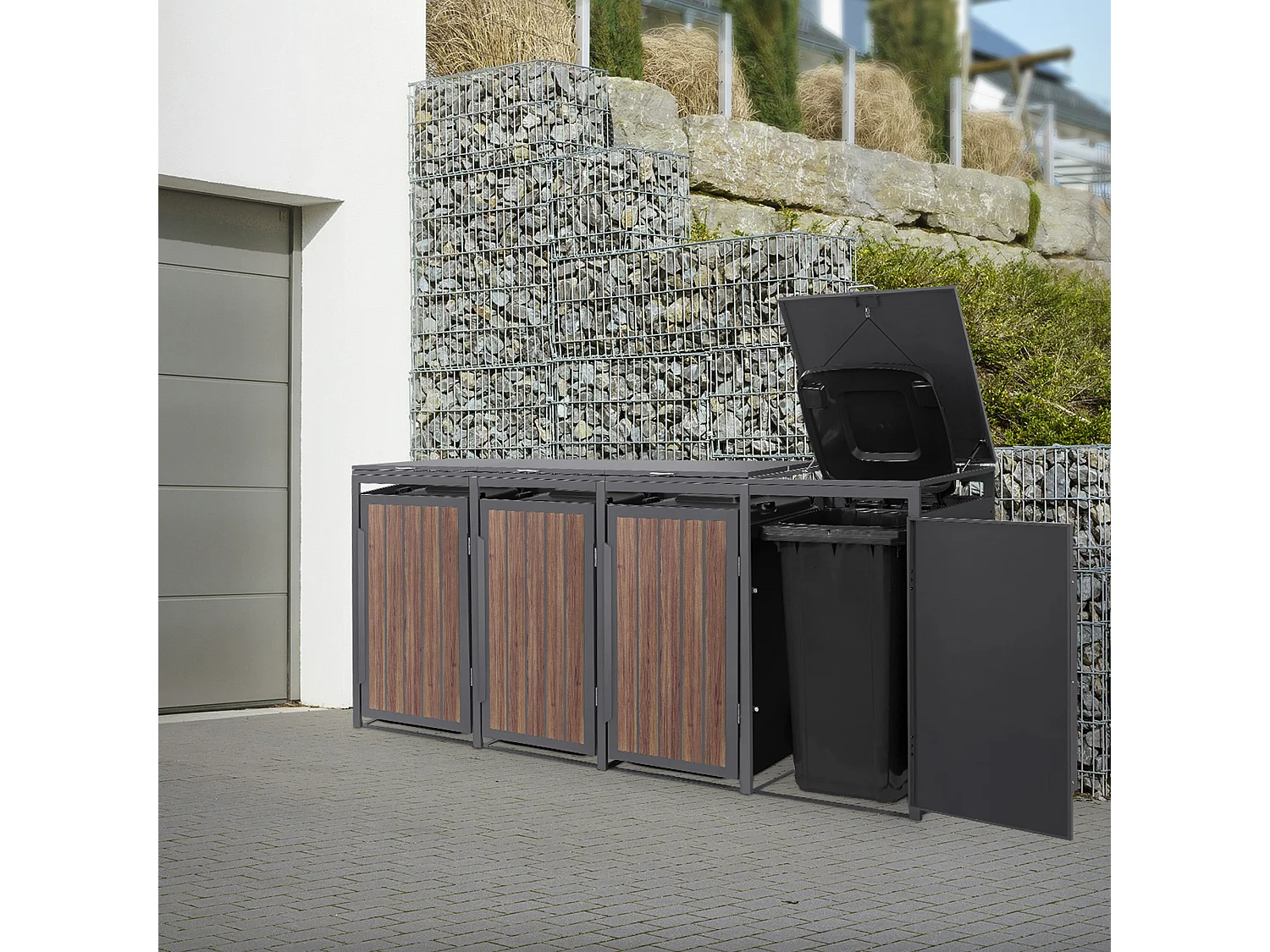 ML-Design Copribidone per spazzatura 4 bidoni 240L acciaio antracite rovere scuro, porta e tetto a ribalta, pattumiera esterno resistente intemperie