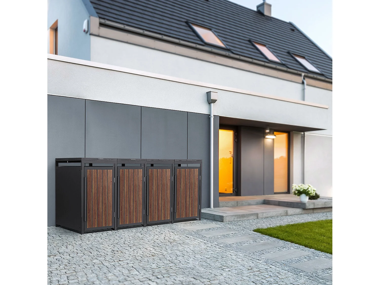 ML-Design Copribidone per spazzatura 4 bidoni 240L acciaio antracite rovere scuro, porta e tetto a ribalta, pattumiera esterno resistente intemperie