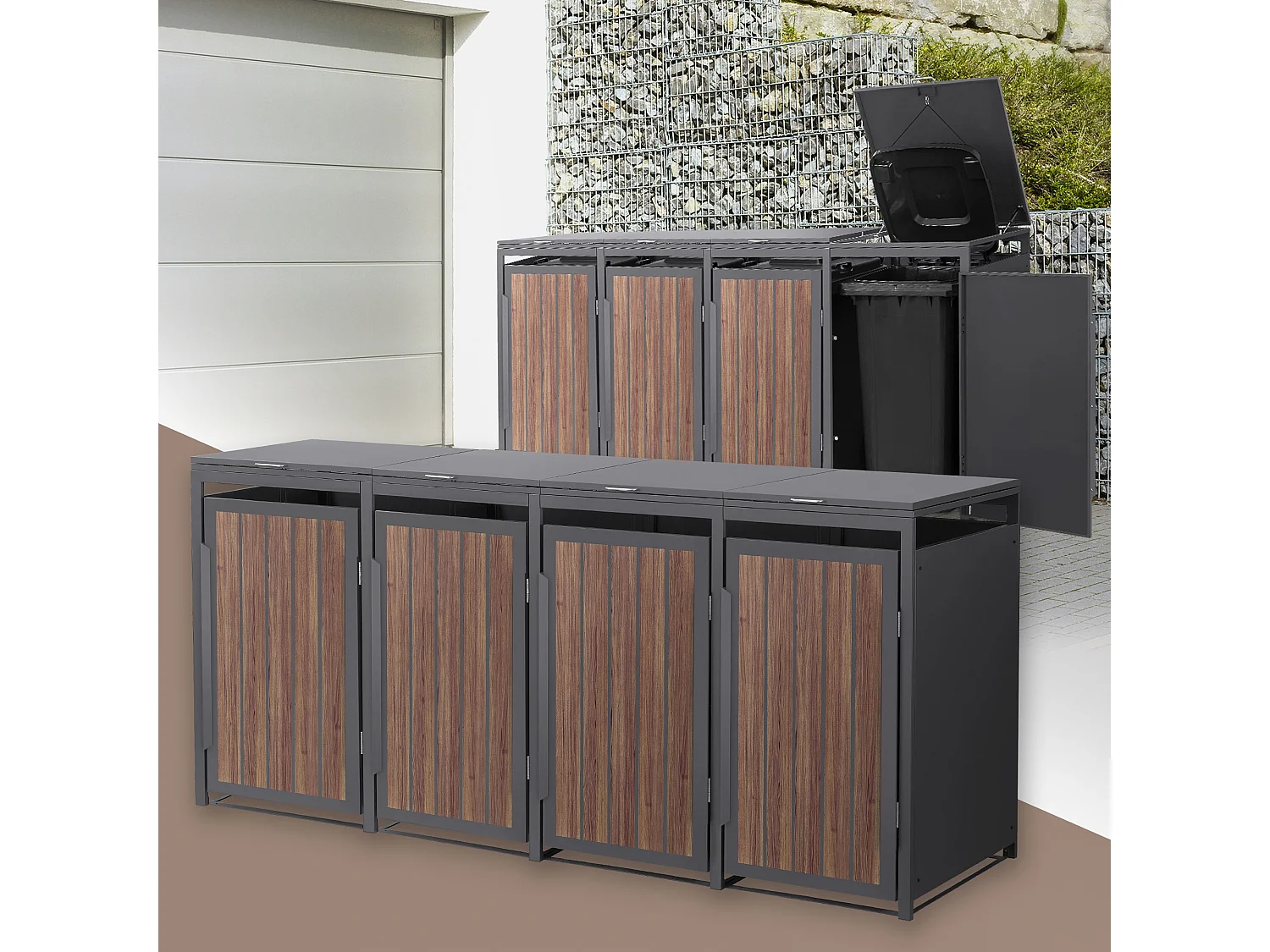 ML-Design Copribidone per spazzatura 4 bidoni 240L acciaio antracite rovere scuro, porta e tetto a ribalta, pattumiera esterno resistente intemperie