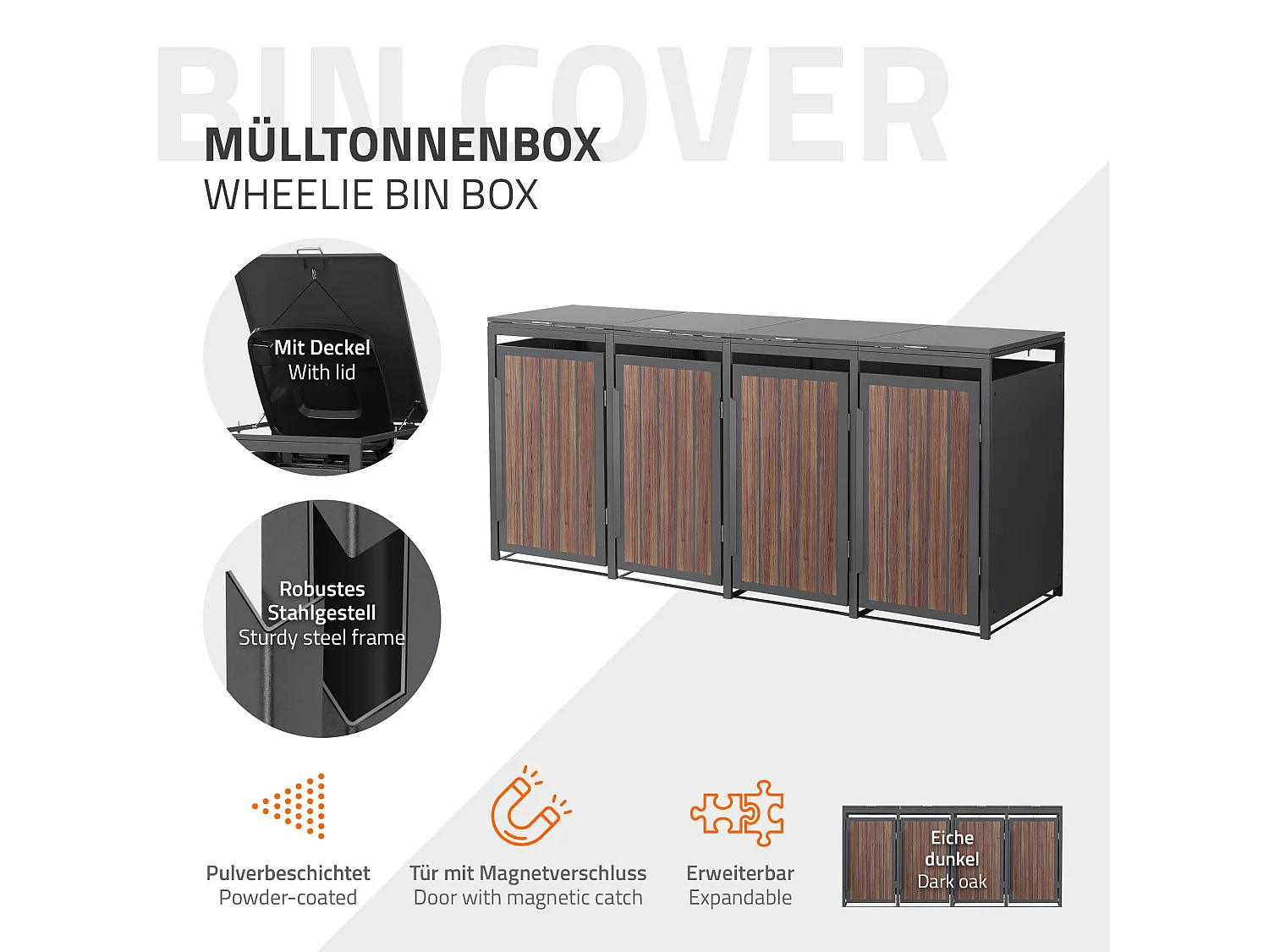 ML-Design Copribidone per spazzatura 4 bidoni 240L acciaio antracite rovere scuro, porta e tetto a ribalta, pattumiera esterno resistente intemperie