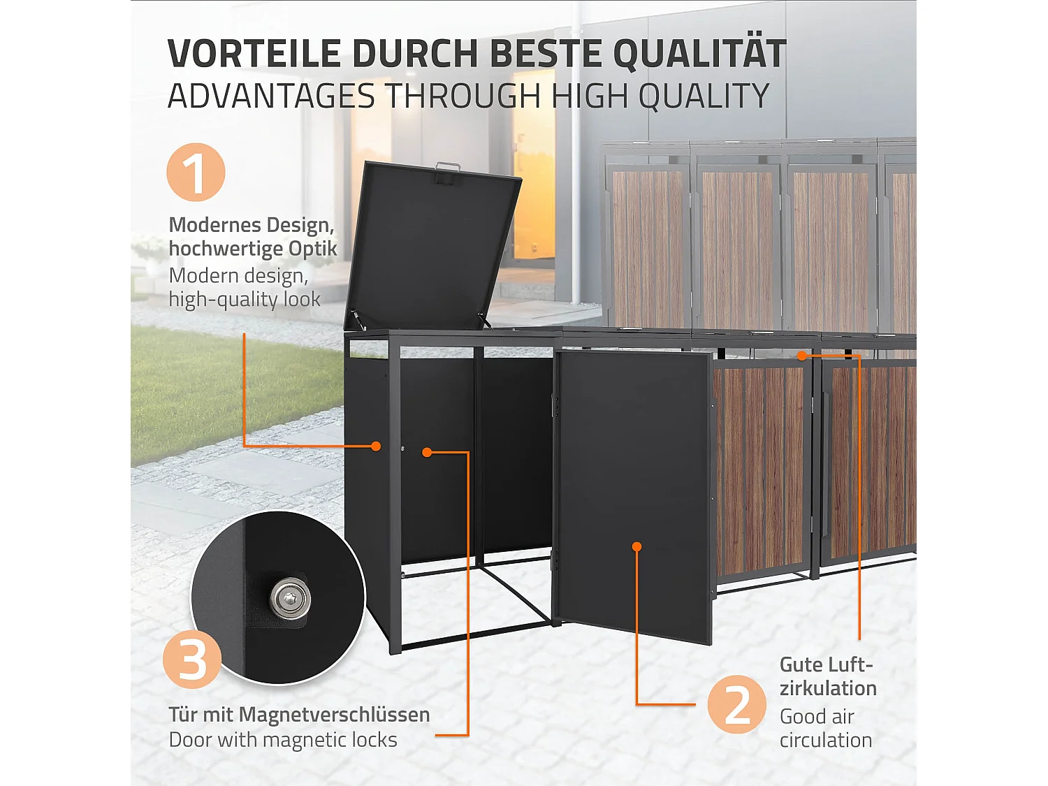 ML-Design Copribidone per spazzatura 4 bidoni 240L acciaio antracite rovere scuro, porta e tetto a ribalta, pattumiera esterno resistente intemperie